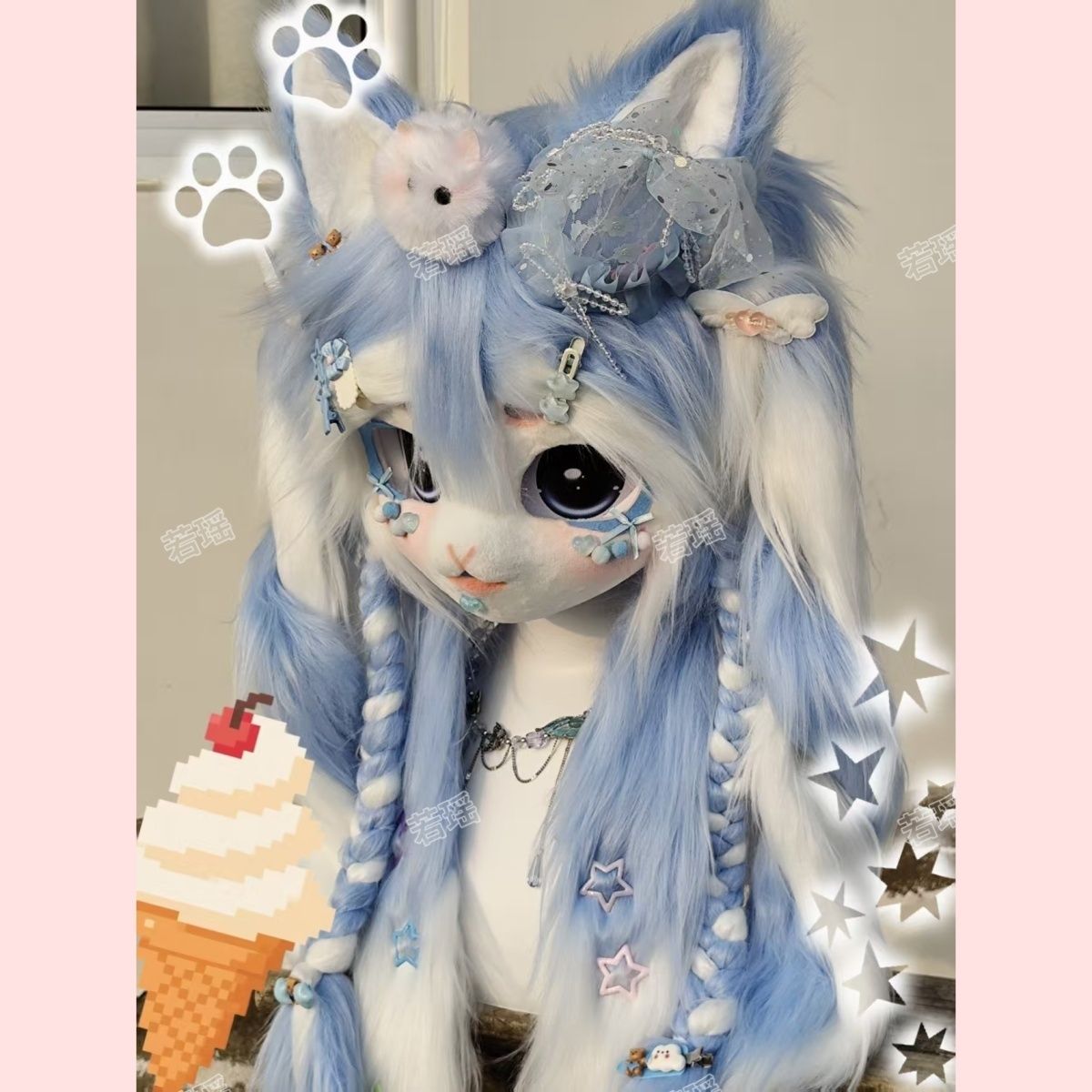 Cosplay Prop Making - หน้ากากคอสเพลย์ขนสัตว์แบบทำมือ ตกแต่งด้วยลูกไม้ สไตล์โลลิต้า สำหรับงานฮาโลวีน ออกแบบเองได้ตามต้องการ